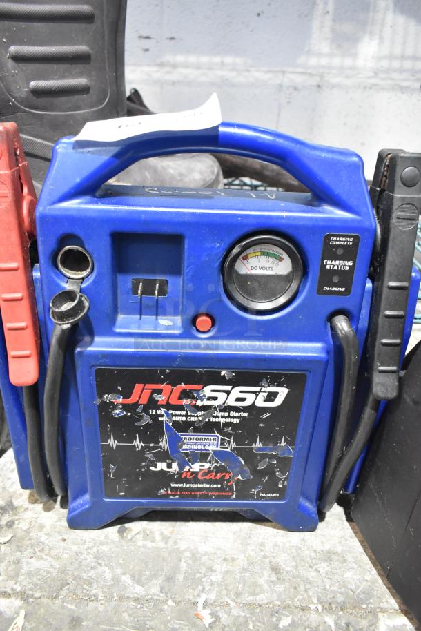 2 jump starters: JACS60, used, visible wear; DieHard 1150 not displayed. Includes clamps, DC volt gauge.