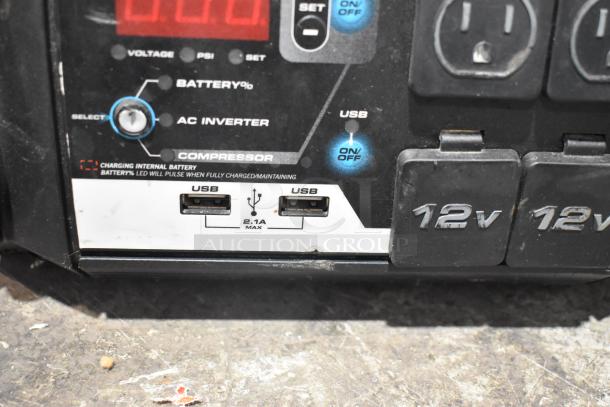 JACS60 and DieHard 1150 Jump Starters; features include USB ports, voltage/PSI display, 12V outlets, and battery charging indicator.