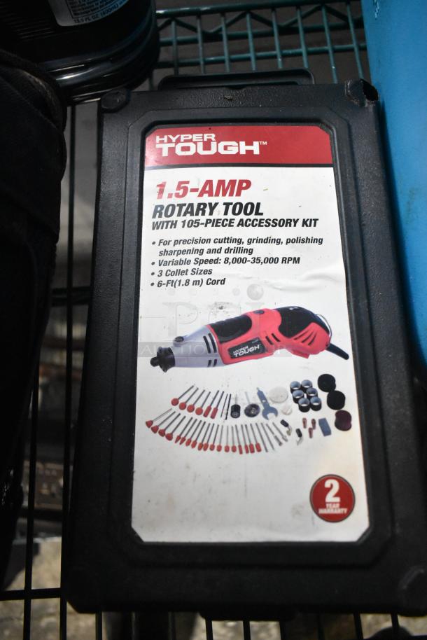 Hyper Tough 1.5-Amp Rotary Tool Kit with 105 accessories, variable speed 8,000-35,000 RPM, 6-ft cord, 2-year warranty.