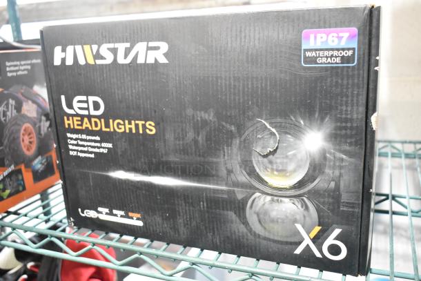 HWStar LED Headlights box, IP67 waterproof grade, 6000K color temp, includes weight and DOT approval details.