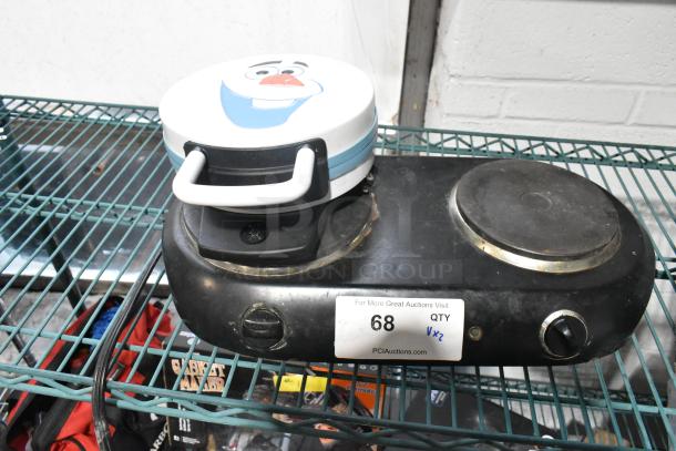 Two items: Olaf-themed waffle maker and a dual burner range. Both show signs of use. Auction tag reads "68 QTY x2".