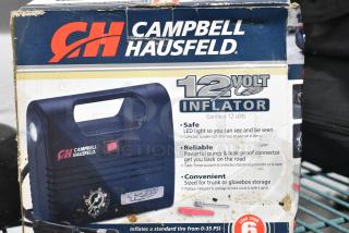 Campbell Hausfeld 12 Volt Inflator in original packaging. Features include LED light, powerful pump, and leak-proof connector. Box shows wear.