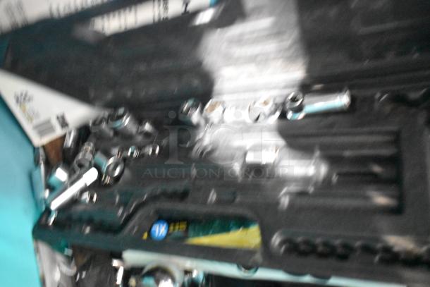 All-in-one auction lot with tools, including sockets and wrenches, in a carrying case. Condition appears used.