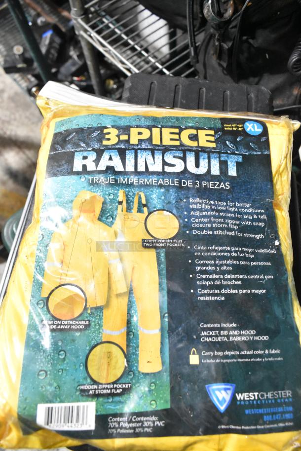 3-piece rainsuit package with reflective tape, detachable hood, and zipper pockets, size XL by Westchester Protective Gear.