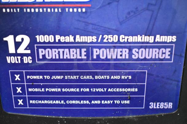 A Westward portable power source with 1000 peak amps, 250 cranking amps, 12V DC. Features jump-start capability and rechargeability. Marked as model 3LE85R.