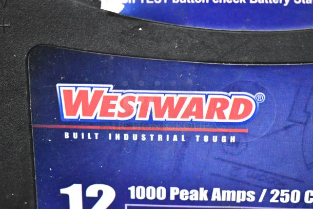 Westward power source label featuring "12V 1000 Peak Amps / 250 C" and "Built Industrial Tough" branding, blue background.