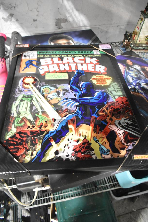 Tier lot featuring Marvel Comics Black Panther poster, baseball bats, and lighthouse fixture. Comic-style, vibrant color print.