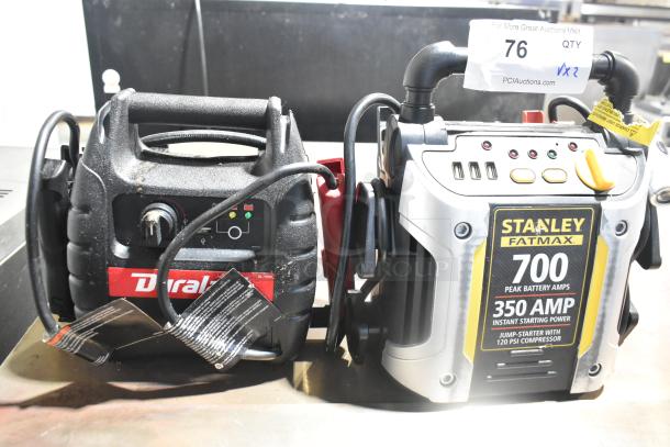 Stanley Fatmax 700 peak amp jumper and Duralast jumper pack, both with cables; auction lot tag visible.