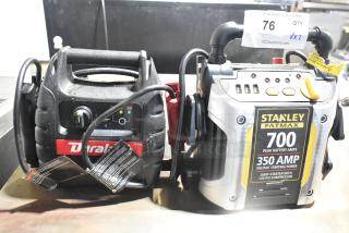 Stanley Fatmax 700 peak amp jumper and Duralast jumper pack, both with cables; auction lot tag visible.