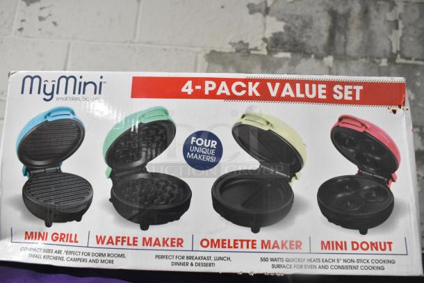 MyMini 4-pack value set featuring mini grill, waffle maker, omelette maker, and mini donut maker in original packaging.