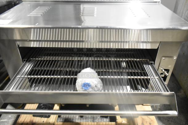 Brand new Cooking Performance Group 351S36SBN 36" stainless steel salamander broiler. Natural gas, 36,000 BTU, scratch and dent condition.