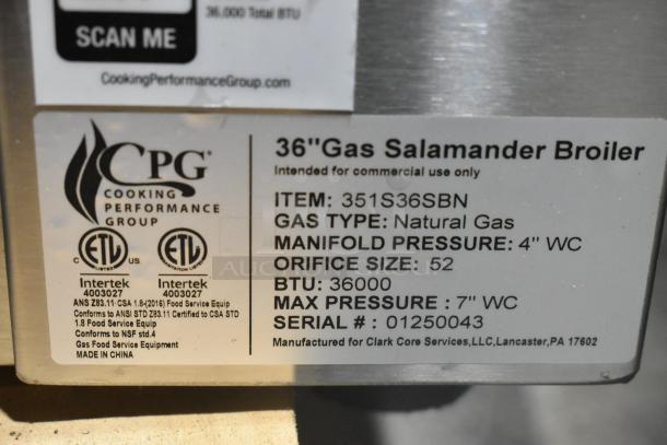 BRAND NEW Cooking Performance Group 351S36SBN Stainless Steel Salamander Broiler, 36" Natural Gas, 36,000 BTU.
