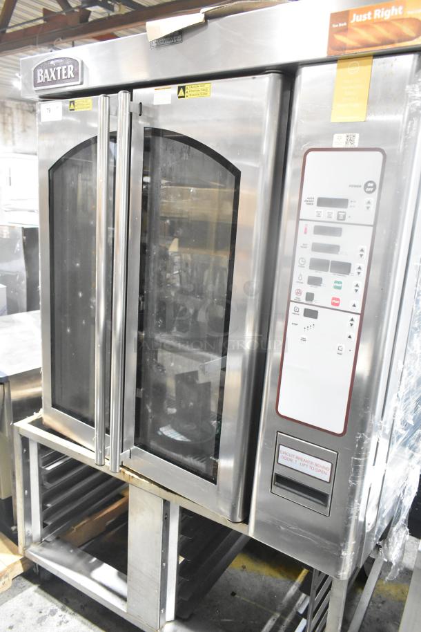 Baxter OV310E stainless steel commercial electric mini rotating rack oven with double pan rack, in good condition.
