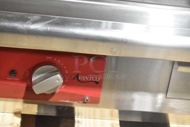 Alt text: Avantco stainless steel commercial griddle with thermostat controls, scratch and dent condition, brand new.