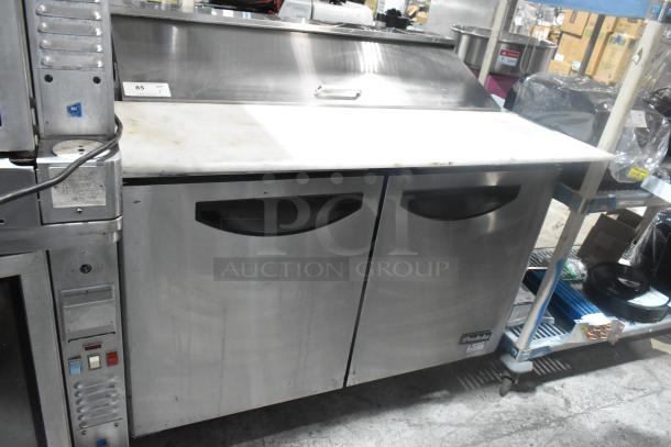 2020 Padela PDS-48-HC stainless steel commercial prep table with mega top, bain marie, and casters. 115V, 1 Phase.