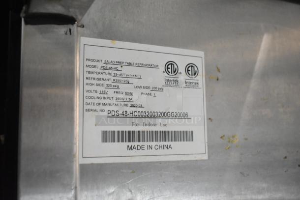 Padela PDS-48-HC stainless steel commercial sandwich prep table, 115V, featuring ETL certifications and manufactured in March 2020.