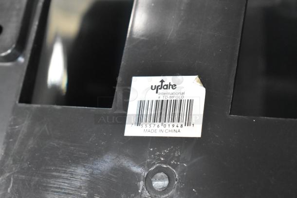 2 Update TD-MFOLD black poly wall mount paper towel dispensers, barcode and "Made in China" label visible, durable design.