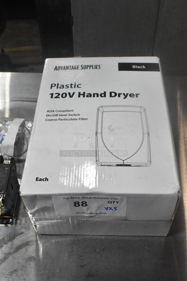 Advantage Supplies 158ADVHDB plastic hand dryer, ADA compliant, black, 120V, in box with labels. Includes other items.