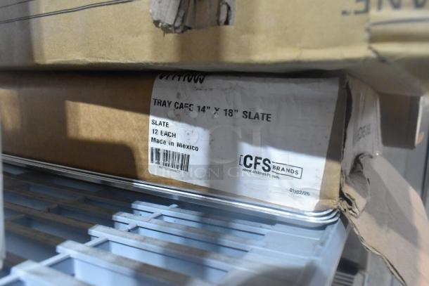 Brand new CFS Brands 14"x18" slate trays, 12 each, scratch and dent condition. Marked "Made in Mexico."