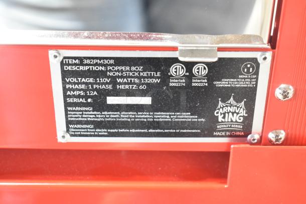 BRAND NEW Carnival King 382PM30R red popcorn machine. Features 8 oz. non-stick kettle, 110V, 1320W, on stand, ETL certified.