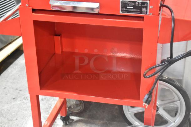 Carnival King 382PM30R Royalty Series 8 oz. red popcorn machine on stand. Brand new, scratch and dent. 120V, 1 phase.