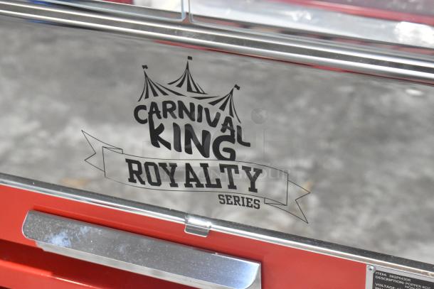 BRAND NEW Carnival King 382PM30R Royalty Series 8 oz. Red Popcorn Machine on Stand. Features "Carnival King Royalty Series" logo.