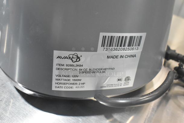 AvaMix 928BL2K64 commercial blender label showing 64 oz. container, 2 hp, 120V, 1500W, 3-speed keypad control.