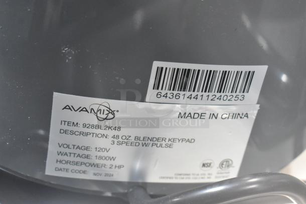 AvaMix 928BL2K48 blender label showing 48 oz. capacity, 2 hp, 120V. Features keypad control, made in China.