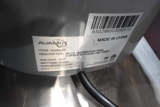 BRAND NEW 2025 AvaMix 928BL2E 2 hp blender, digital touchpad, 64 oz. Tritan container, 120V, scratch and dent condition.