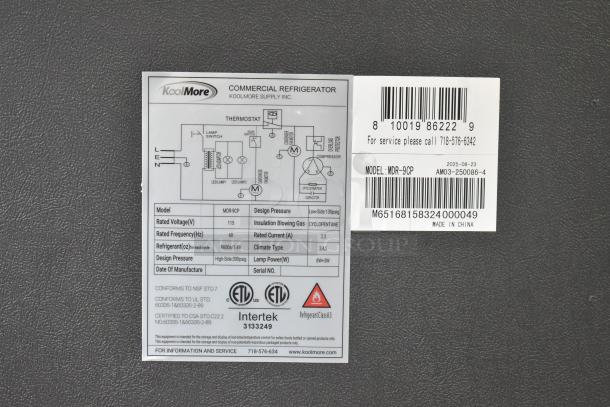 KoolMore MDR-9CP cooler label showing model, voltage (115V), refrigerant, design pressure, certification, and serial number.