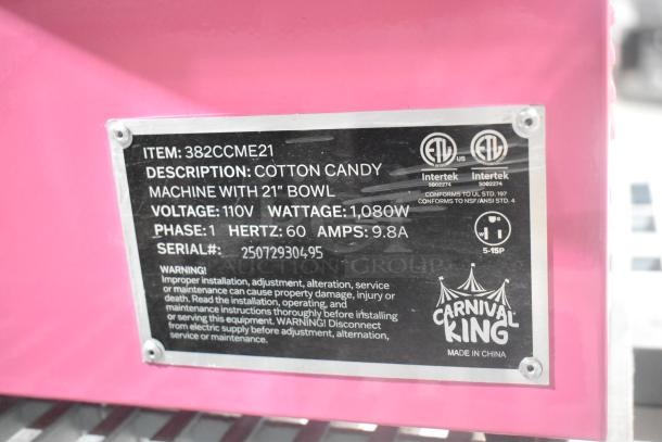 BRAND NEW Carnival King 382CCME21 Cotton Candy Machine, 21" Bowl, 110V, Scratch and Dent, Item tag details visible.