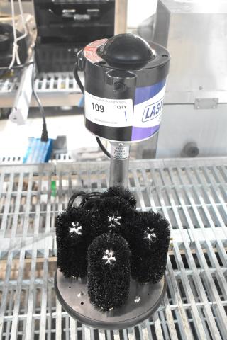 Brand new Noble 274LCNBGW glass washer, five brush, 120V, heavy-duty, slight scratches, auction tag, electric, upright.