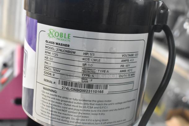 Brand new Noble 274LCNBGW heavy-duty electric glass washer. Features five brushes, 120 volts, 1 phase, with label details.
