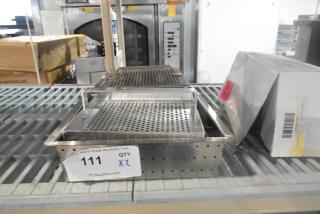 Two brand new stainless steel straining bins, scratch and dent condition, perforated design, auction lot #111, QTY x2.