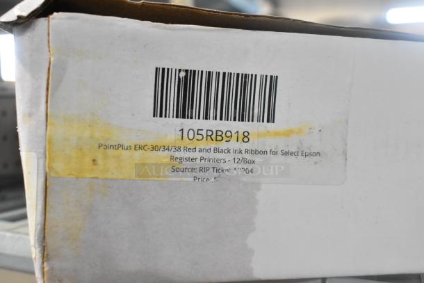 Box labeled "105RB918" containing PointPlus ERC-30/34/38 ink ribbons for Epson printers, 12 per box, scratch and dent condition.
