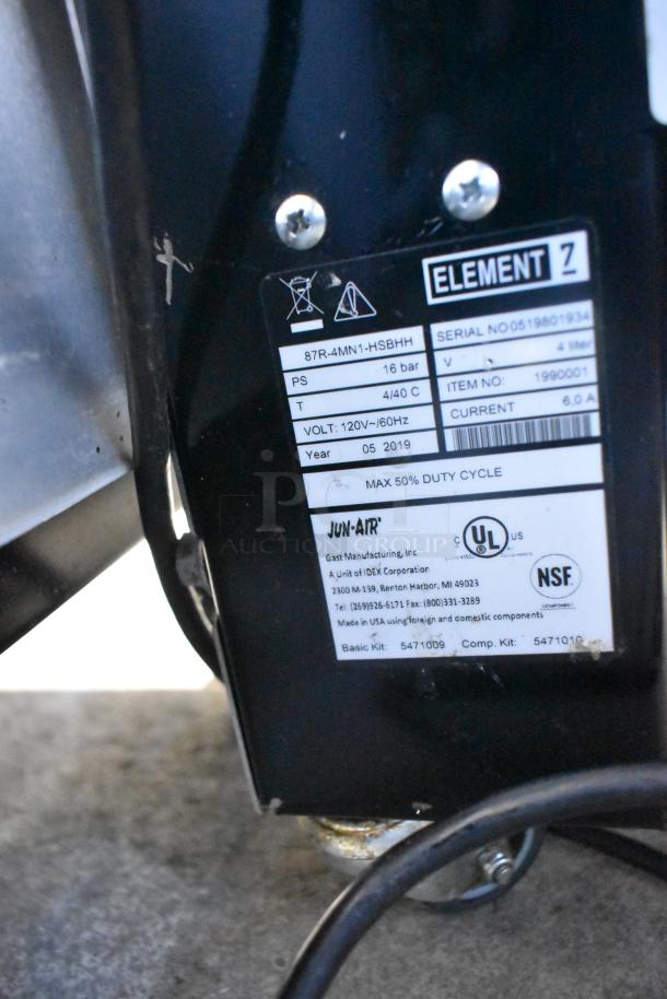 2019 Jun-Air 87R-4MN1-HSBHH Stainless Steel Nitro Brew Nitrogen Generator, 120V, with caster wheels, UL and NSF certified labels.