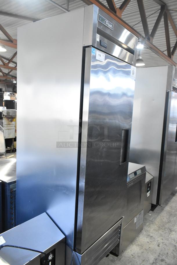 2023 True T-23F-HC single door reach-in freezer with stainless steel finish, poly-coated racks, and commercial casters.