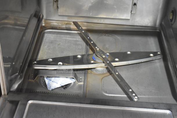 2020 Hobart LXER stainless steel commercial undercounter dishwasher interior, showing condition and cleaning arm mechanism.