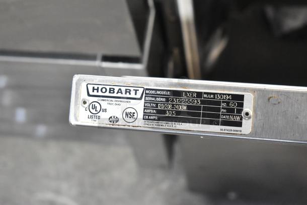 2020 Hobart LXER stainless steel commercial undercounter dishwasher, 120/208-240V, 1 phase. Visible serial number: 231225593.