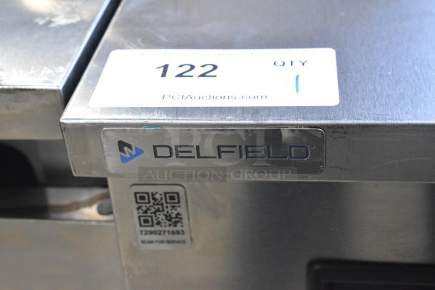 2020 Delfield Stainless Steel Single Door Undercounter Cooler, commercial casters, 115V, 1 Phase, QR code tag shown.