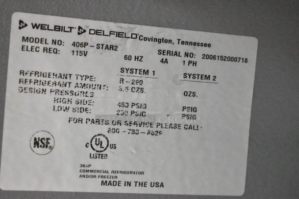 Label on 2020 Delfield 406P-STAR2 cooler. Shows model, voltage, refrigerant type R-290, pressures, and NSF, UL listings.