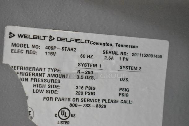 Label on 2020 Delfield 406P-STAR2 cooler, showing 115V, 1 Phase, R-290 refrigerant, and UL certification.