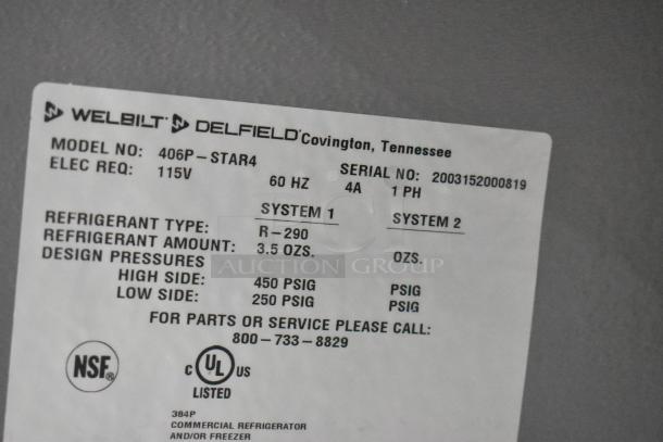 Delfield 406P-STAR4 tag, 115V, 60Hz, single door cooler, R-290 refrigerant, 3.5 oz, NSF and UL listed. Serial: 2003152000819.