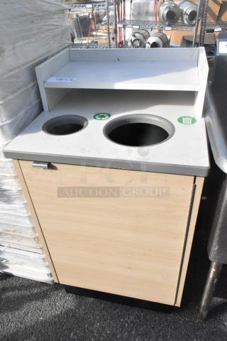Trash can shell with deposit holes, tray slide, and door. Includes recycling and waste symbols. In good condition.