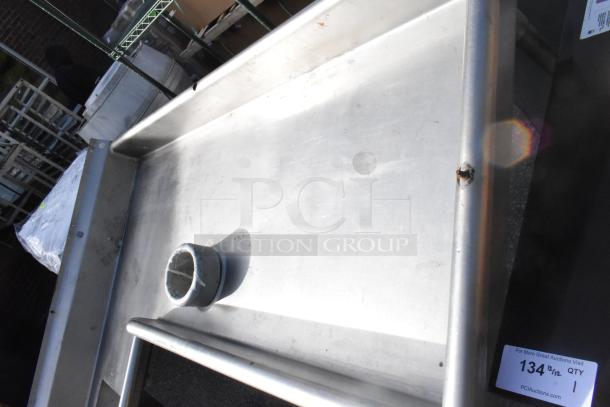 Stainless Steel L Shaped Right Side Dirty Side Dishwasher Table, with drainage hole, minor wear, auction label visible.