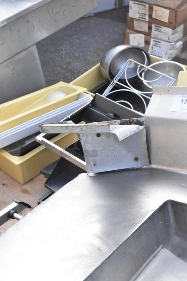 Stainless steel L-shaped right side dirty dish table, used condition, with visible surface wear and mounting brackets.