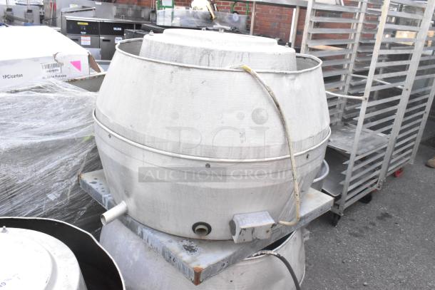 ILG metal commercial rooftop mushroom exhaust fan, 115/208V, 1 phase, sturdy build, used condition, visible wiring.