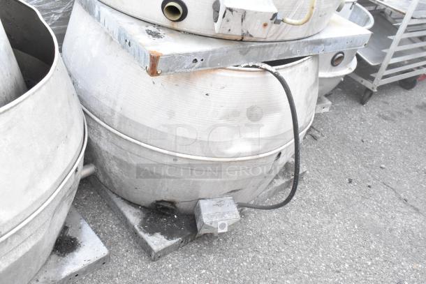 ILG metal commercial rooftop mushroom exhaust fan, used condition, 115/208 volts, 1 phase, visible wiring and some wear.