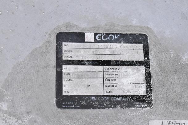 Cook 135 ASRU metal rooftop mushroom exhaust fan, serial 214352133B-01/00384191, dated April 2011.