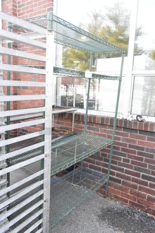 Green finish 4-tier wire shelving unit, sturdy metal construction, good condition. Buyer must dismantle for transport.